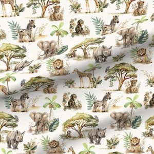 May include: A seamless pattern featuring watercolor illustrations of various safari animals, including elephants, giraffes, rhinos, zebras, and lions. The animals are depicted in a whimsical style against a white background, surrounded by lush green foliage and palm trees.