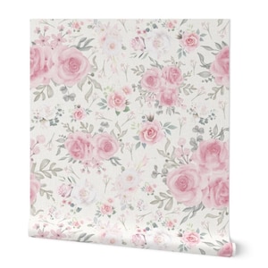 Papel pintado floral rosa y verde salvia - Papel pintado de flores silvestres de gran tamaño - Flores rosadas - Papel pintado autoadhesivo removible