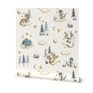 Dragon Wallpaper - Cute Baby Dragon Nursery Wallpaper - Dragon Fantasy Flying Removable Peel and Stick Wallpaper