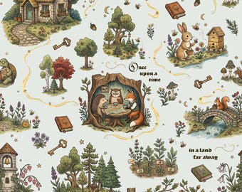 Vintage Storybook Fabric - Fairytale Fabric - Classic Storybook Adventure Fabric - Gender Neutral Nursery Fabric by the Yard - Medium