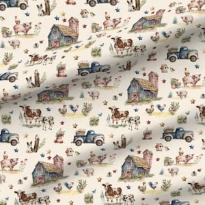 May include: Watercolor farm-themed fabric with a repeating pattern. The design features barns, trucks, cows, pigs, chickens, and stars in shades of blue, brown, and pink on a cream background. This fabric is suitable for quilting, sewing, and crafting projects.