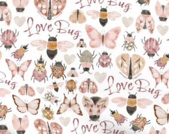 Love Bug Fabric - Watercolor Insect Fabric - Whimsy Baby Girl Fabric - Valentine's Day Fabric- Nursery Fabric by the Yard