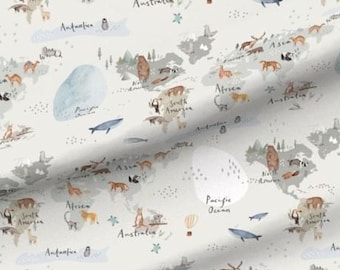 World Animals Map Fabric - Baby Animal Fabric - Gender Neutral Nursery Fabric by the Yard - Quilting Cotton - Safari Fabric - Lrg