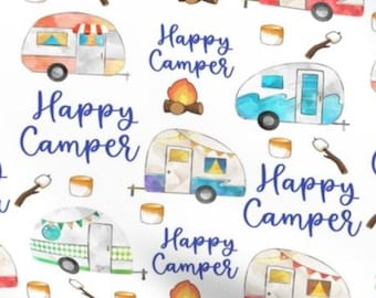 Happy Camper Fabric - Camping Fabric - Outdoors Fabric - Campfire Fabric - Fabric by the Yard - Medium Scale
