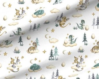 Baby Dragon Fabric - Dragons DnD Fabric - Whimsical Fun Cute, White Teal, Fabric by the Yard - Medieval Fabric - Medium Scale