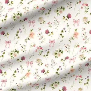 Wildflower Fabric - Cottagecore Floral Fabric - Pink Bows Fabric - Girl Fabric - Organic Cotton Fabric by the Yard - Fleece - Medium Scale