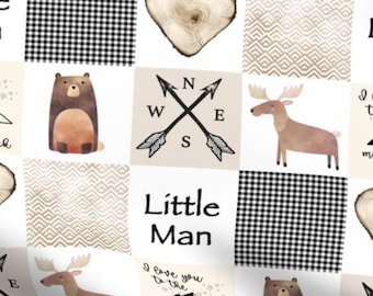 Woodland Animal Fabric - Forest Fabric - Moose Patchwork Fabric - Cheater Quilt - Little Man Fabric by the Yard - 3 Inch Squares