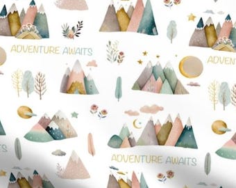 Mountains Fabric Quilting Cotton - Girl Adventure Fabric - Nature, Outdoor, Camping, Girl Nursery Fabric - Adventure Awaits Medium Scale