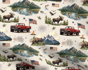 American Patriotic Fabric by the Yard – Red White and Blue, Mountains Nature Print, Moose, Truck, USA Flag