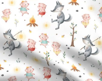 Storybook Fabric - Three Little Pigs Fabric - Nostalgic Fabric - Gender Neutral Nursery Fabric by the Yard - Large Scale