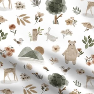Gender Neutral Woodland Fabric - Sage Green Fabric - Woodland Animal fabric - Woodland Meadows Large Scale - By the Yard Nursery Fabric