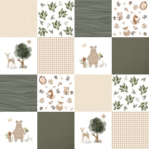 May include: A patchwork quilt design featuring a variety of woodland creatures, including bears, deer, squirrels, and owls. The quilt is made up of different fabrics, including gingham, woodgrain, and leafy patterns. The colors are mostly brown, green, and white.