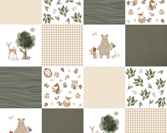 Woodland Animals Cheater Quilt Fabric - Forest Fabric - Gender Neutral Patchwork Fabric - Sage Green and Cream by the Yard by Delish Designs