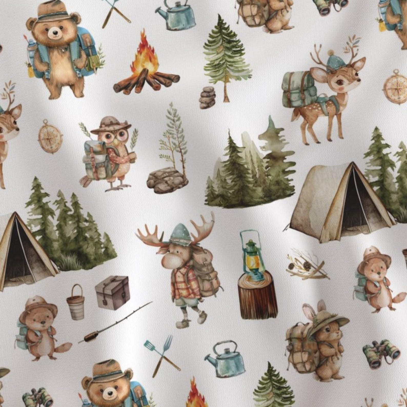 Whimsy Ccod Camping Fabric - Woodland Animal Fabric - Whimsical Fabric - Cute Happy ...