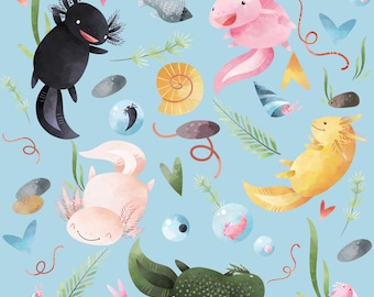 Axolotl Fabric - Blue Quilting Cotton - Salamander Fabric - Mexican Wildlife Fabric - Gaming Fabric - Amphibian Pet Fabric by the Yard - Lrg