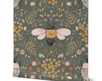 Honey Bee Floral Removable Wallpaper - Botanical Damask Soothing Green - Whimsical Wall Art - Peel and Stick Wall Decor - Oversized