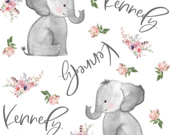 Personalized Name Fabric - Baby Elephant Fabric - Floral Whimsical Fabric - Personalized Elephant Fabric - Nursery Fabric by the Yard