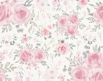 Pink Floral Fabric - Linen Fabric - Oversized Floral Fabric - Blush Flowers Floral Pink Wedding - Girl Minky Fabric - Organic Cotton Fabric