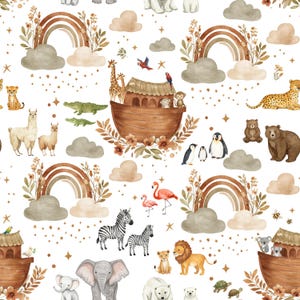 Noah&#39;s Ark Fabric - Faith Christian Fabric - Nursery Whimsical Fun Cute Happy Cheerful White Bible Fabric by the Yard - Delish Designs - Lrg
