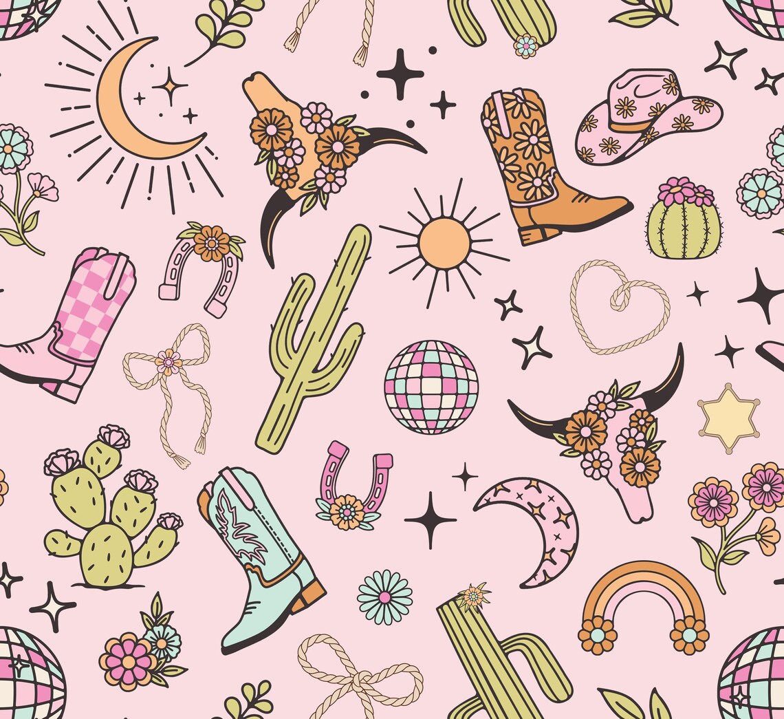 Disco Cowgirl Fabric - Pink Cowgirl Boots - Western Cheater Quilt - Fun ...