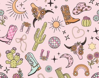Disco Cowgirl Fabric - Pink Cowgirl Boots - Western Cheater Quilt - Fun Cheerful White Pink Fabric by the Yard - Large Scale
