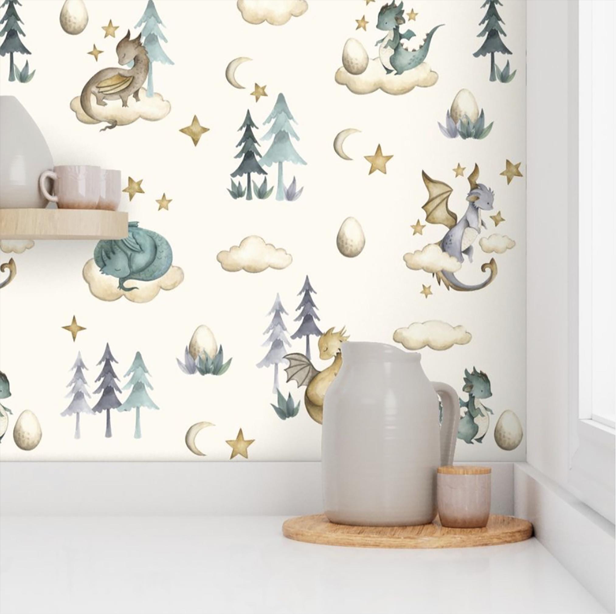 Dragon Wallpaper - Cute Baby Dragon Nursery Wallpaper - Dragon Fantasy ...