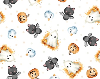 Scary Cute Halloween Fabric by the Yard - Pumpkins Fall Fabric - Baby Ghost Fabric - Cute Bats Fabric - White Fabric