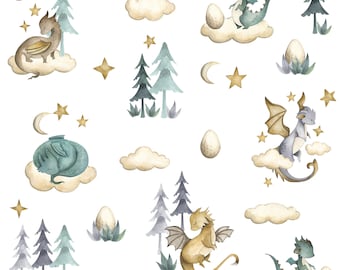 Baby Dragon Fabric - Little Baby Dragons Fabric - Whimsical Fun Cute Happy Cheerful White Teal Fabric by the Yard - Medieval Fabric