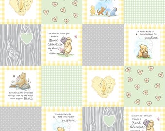 Vintage Winnie the Pooh Fabric - Winnie-the-Pooh Classic Patchwork, Sage and Yellow, Fabric by the Yard