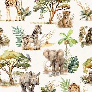 May include: A watercolor illustration featuring a variety of African animals, including a giraffe, zebra, elephant, rhino, lion, and monkey. The animals are depicted in a jungle setting with lush green foliage and palm trees.