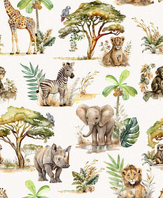 Safari Animal Fabric - Safari Animals Nursery Fabric - Baby Fabric - Cute Happy Cheerful Cream Antique Fabric by the Yard - Large Scale