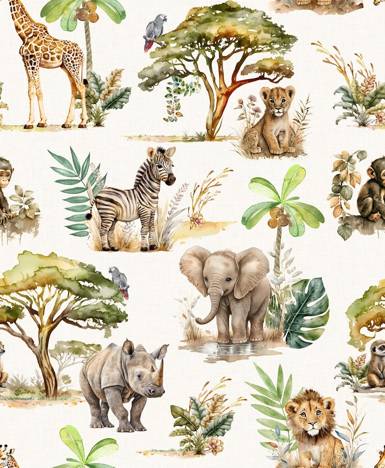 May include: A watercolor illustration featuring a variety of African animals, including a giraffe, zebra, elephant, rhino, lion, and monkey. The animals are depicted in a jungle setting with lush green foliage and palm trees.