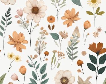 Earthy Fall Wildflower Fabric - Quilting Cotton - Floral Fabric - Neutral Floral Fabric - Nature Botanical Fabric - Garden Fabric - Medium