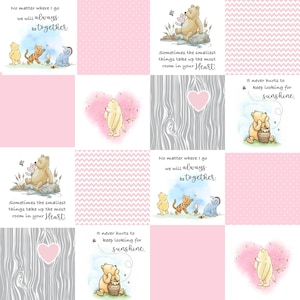 May include: A pink and white fabric with a repeating pattern of Winnie the Pooh and friends. The fabric features quotes about friendship, love, and sunshine. The fabric is perfect for quilting, sewing, and crafting.