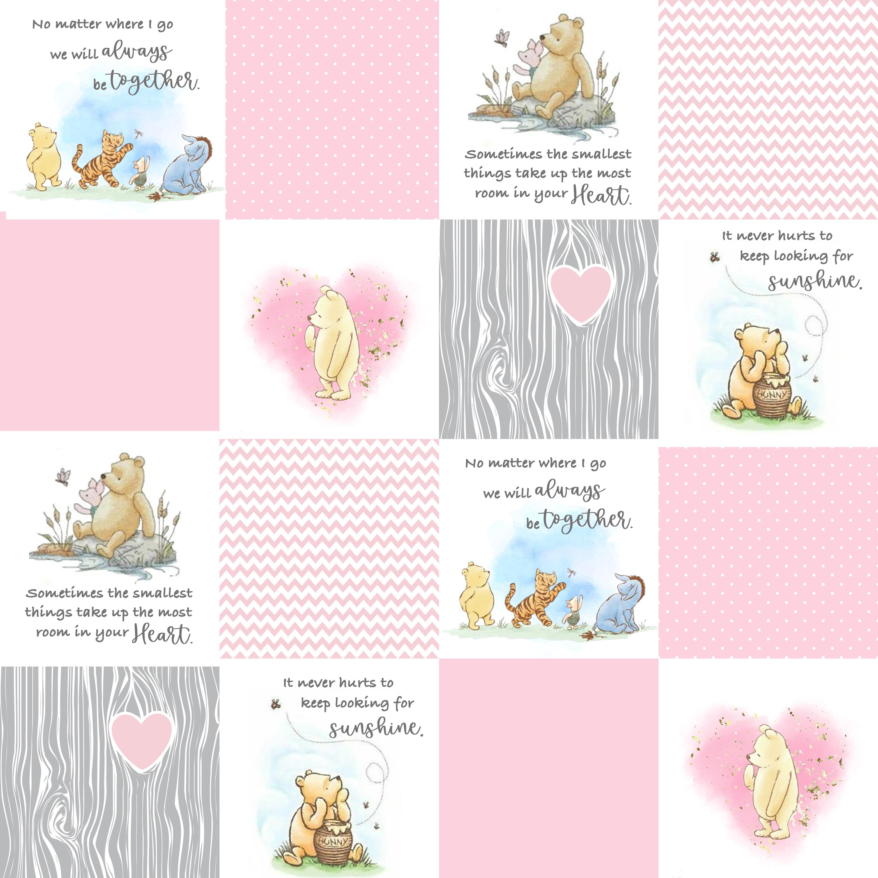 Winnie-the-Pooh Faux Quilt Fabric - Classic Winnie the Pooh - Girl Nursery Patchwork Nostalgic Quote Fabric - Camelot Winnie the Pooh Pink