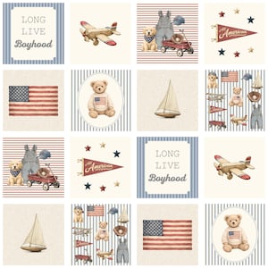 May include: A grid of sixteen square illustrations featuring a teddy bear in a flag sweater, a wooden airplane, a puppy with a red wagon, a sailboat, an American flag, and a pennant with the text Long Live Boyhood and All American.