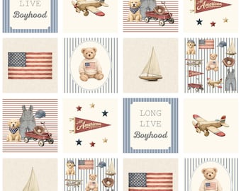 Americana Vintage Teddy Bear DIY Patchwork Kit Pannel - Fabric by the Yard - Baseball Fabric: Minky, Quilting Cotton, Linen, Fleece, Knit