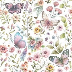 May include: A seamless pattern featuring watercolour illustrations of butterflies and flowers in shades of pink, blue, and yellow. The background is white.
