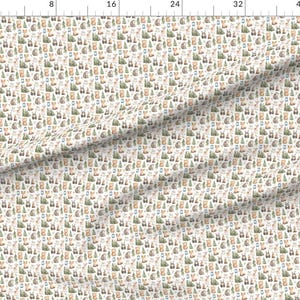 May include: A repeating pattern of woodland animals and trees in shades of brown, green, and gray on a white background. The design includes bears, foxes, deer, and pine trees, creating a whimsical forest scene. This fabric is suitable for various craft projects.