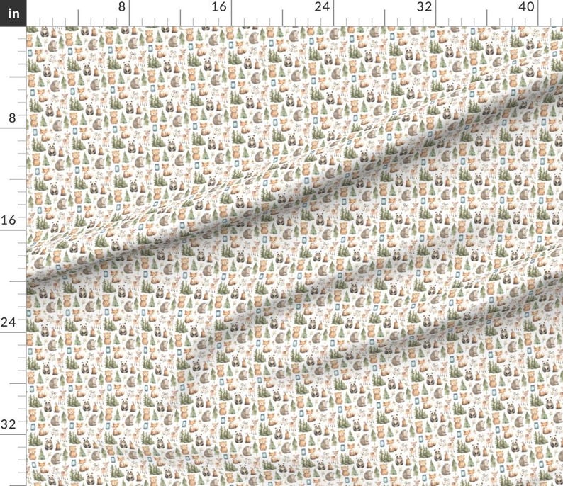 May include: A repeating pattern of woodland animals and trees in shades of brown, green, and gray on a white background. The design includes bears, foxes, deer, and pine trees, creating a whimsical forest scene. This fabric is suitable for various craft projects.