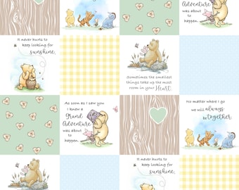 Winnie-the-Pooh Faux Quilt Fabric - Classic Winnie the Pooh - Nursery Patchwork Nostalgic Quote Fabric by the Yard - Camelot Winnie the Pooh