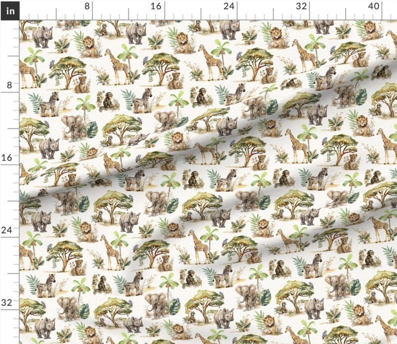 May include: A seamless pattern featuring watercolor illustrations of various safari animals, including elephants, giraffes, rhinos, zebras, and lions. The animals are depicted in a whimsical style against a white background, surrounded by lush green foliage and palm trees.