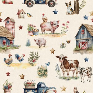 May include: Watercolor illustration featuring a farm theme. The design includes a blue truck, barns, farm animals like pigs and cows, chickens, a dog, and a bee. The background is a light beige color with scattered stars and floral elements.