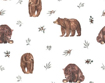 Woodland Bear Fabric - Baby Animal Fabric - Gender Neutral Fabric - Sage Green and Cream Fabric by the Yard - Medium - by Surrey Lane Design