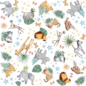 May include: A watercolour illustration featuring a variety of jungle animals, including a giraffe, zebra, rhino, elephant, lion, monkey, and turtle. The animals are surrounded by green leaves, butterflies, and stars.