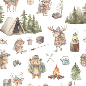 Camping Fabric - Woodland Outdoor Adventure Cotton - Whimsical Fun Cute Happy Cheerful White Nursery Fabric by the Yard - Large Scale