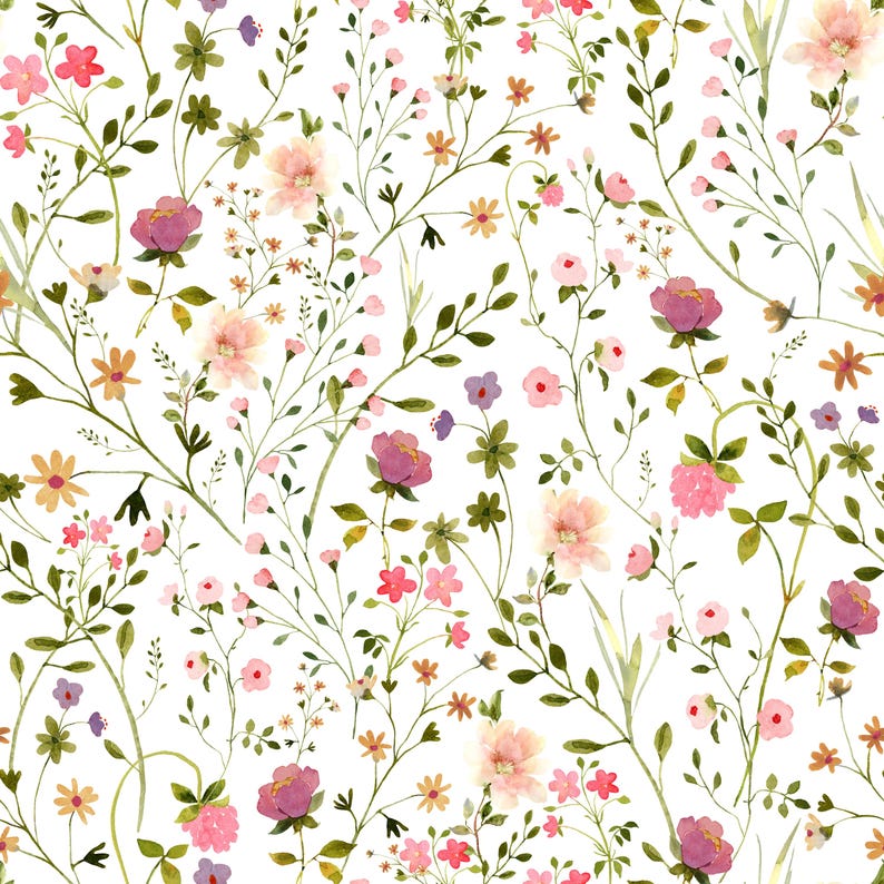 May include: Watercolor floral pattern featuring a variety of flowers in shades of pink, purple, and yellow, with green leaves and stems. The flowers are scattered across a white background, creating a delicate and whimsical design.