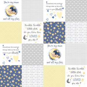 May include: A patchwork design with a variety of patterns and text. It features a teddy bear on a crescent moon, stars, hearts, and the phrases "You're my moon and all my stars" and "Twinkle Twinkle little star do you know how LOVED you are?"