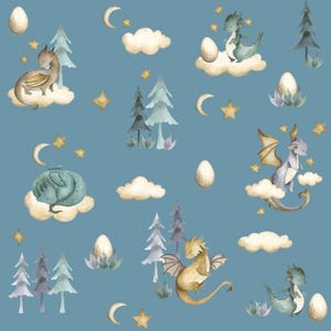 Baby Dragon Fabric - Little Baby Dragons - Whimsical Fun Cute Happy Cheerful Dusty Blue Fabric by the Yard - Dragons Fabric
