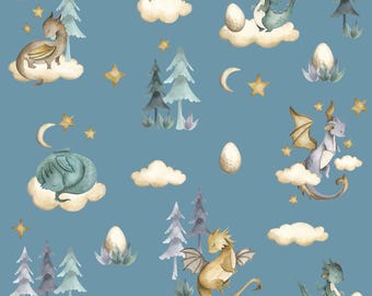 Baby Dragon Fabric - Little Baby Dragons - Whimsical Fun Cute Happy Cheerful Dusty Blue Fabric by the Yard - Dragons Fabric